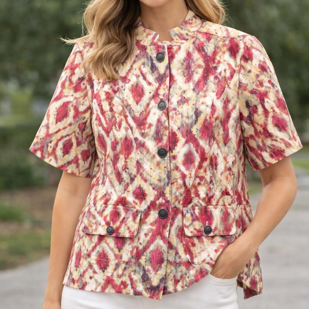 Chicos Linen Cotton Blend Short Sleeve Button Jacket